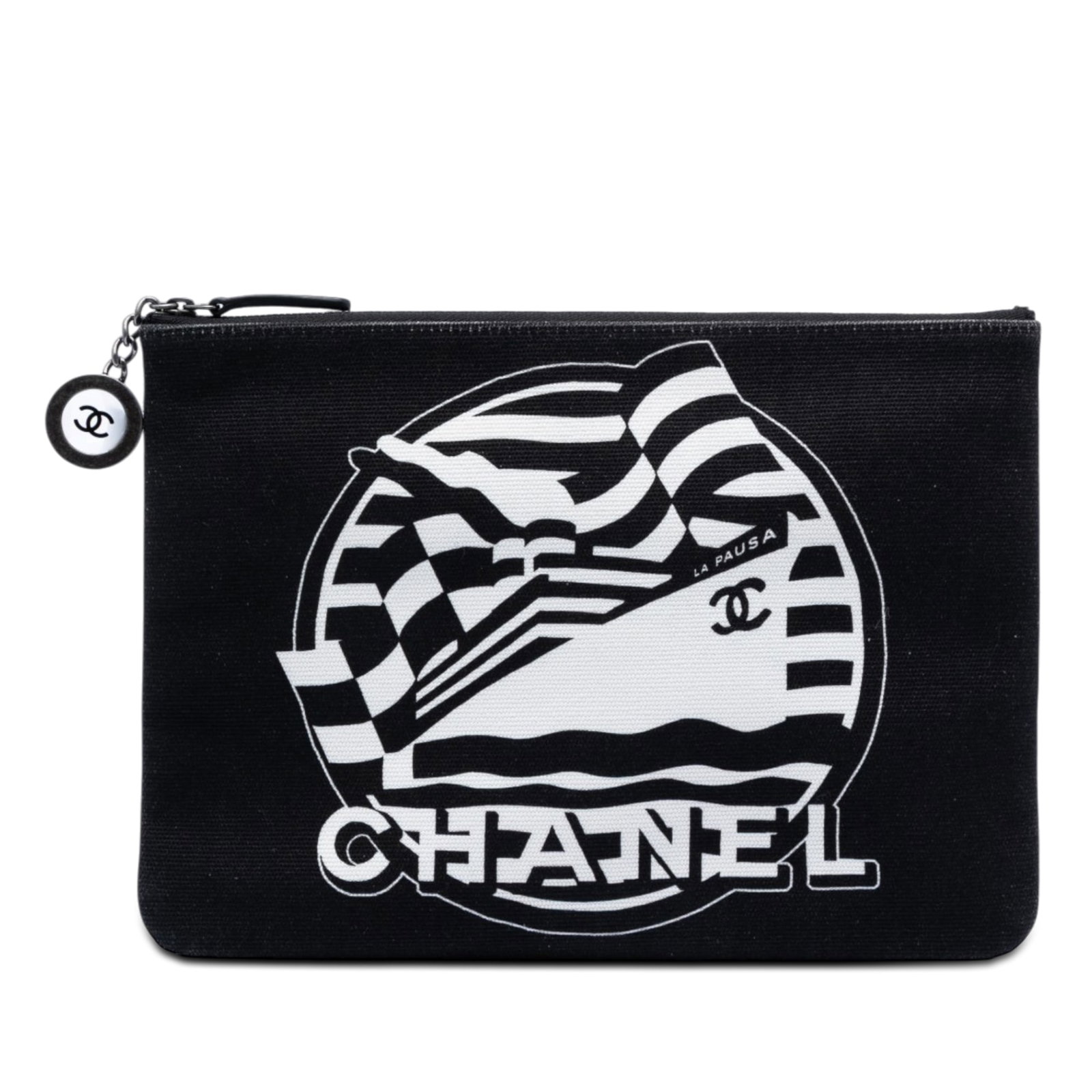 Chanel La Pausa canvas zip clutch with slip pocket: Chanel La Pausa canvas zip clutch with slip pocket This Chanel Medium Canvas La Pausa Zip O Case Clutch is crafted from black fabric and features a top zip closure, an exterior back slip pocket, and a