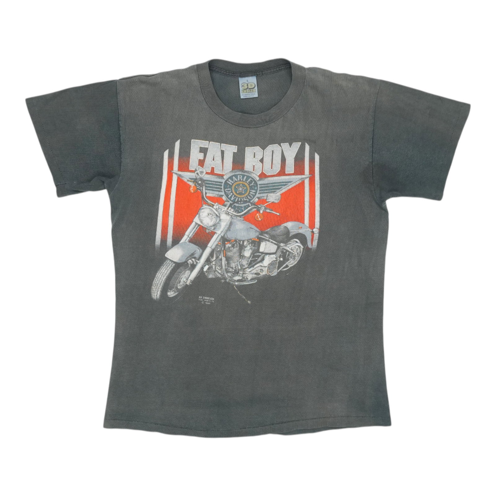 Harley Davidson Fat Boy 3D Emblem Vintage T Shirt Large: Harley Davidson Fat Boy 3D Emblem Vintage T Shirt Large Authentic original vintage 1990 Harley Davidson Fat Boy 3D Emblem shirt with front and back graphics. This is a true vintage shirt, not a modern