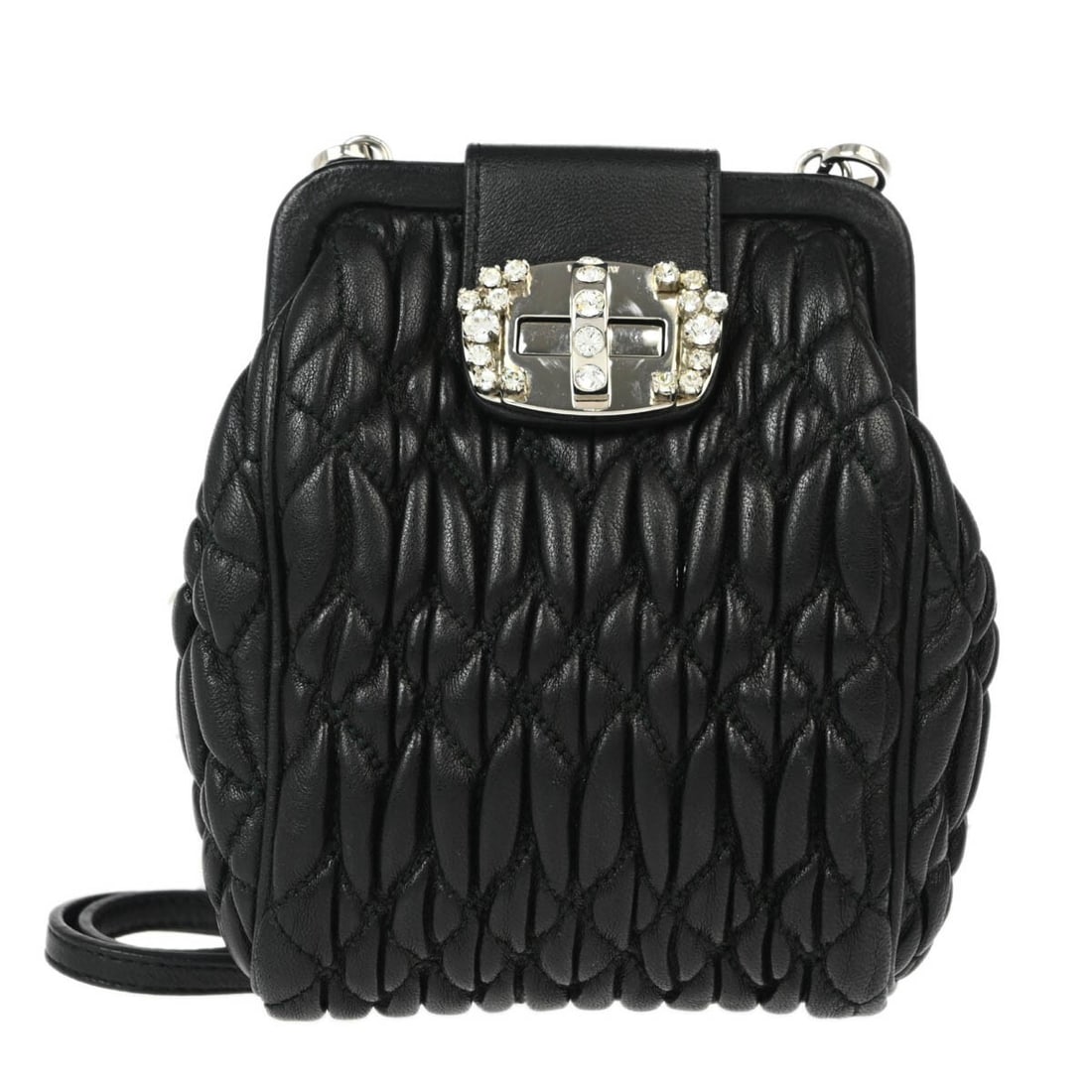 Miu Miu Matelasse Lambskin Crossbody Bag with Box: Miu Miu Matelasse Lambskin Crossbody Bag with Box Vintage Miu Miu matelasse shoulder bag crafted in lambskin with a black exterior and pink lining. This medium bag features a crossbody strap and comes