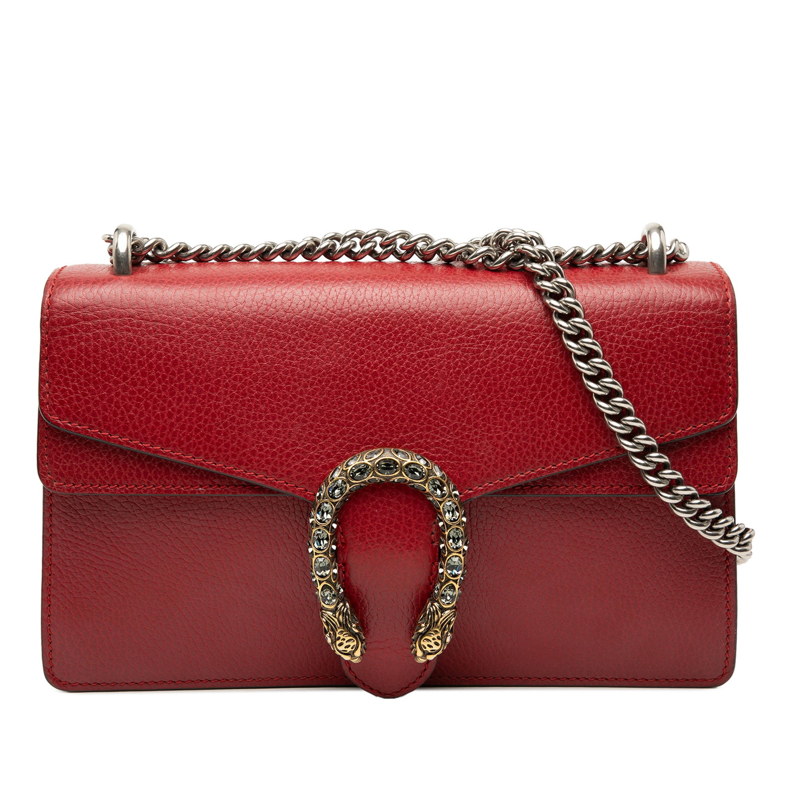 Gucci Dionysus Medium Red Leather Chain Strap Shoulder Bag: Gucci Dionysus Medium Red Leather Chain Strap Shoulder Bag This Gucci Medium Calfskin Dionysus Shoulder Bag features a red leather body, a chain link shoulder strap, a front flap with magnetic snap cl