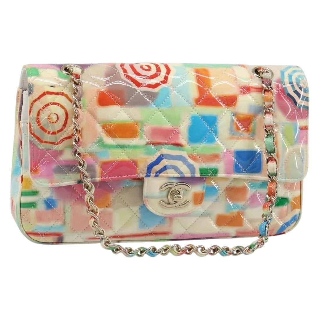 CHANEL 25 Double Flap Shoulder Bag Multicolor Patent Leather CC: CHANEL 25 Double Flap Shoulder Bag Multicolor Patent Leather CC This CHANEL Chain Double Flap Matelasse 25 shoulder bag is crafted from patent leather in a multicolor and gold colorway. It features a 