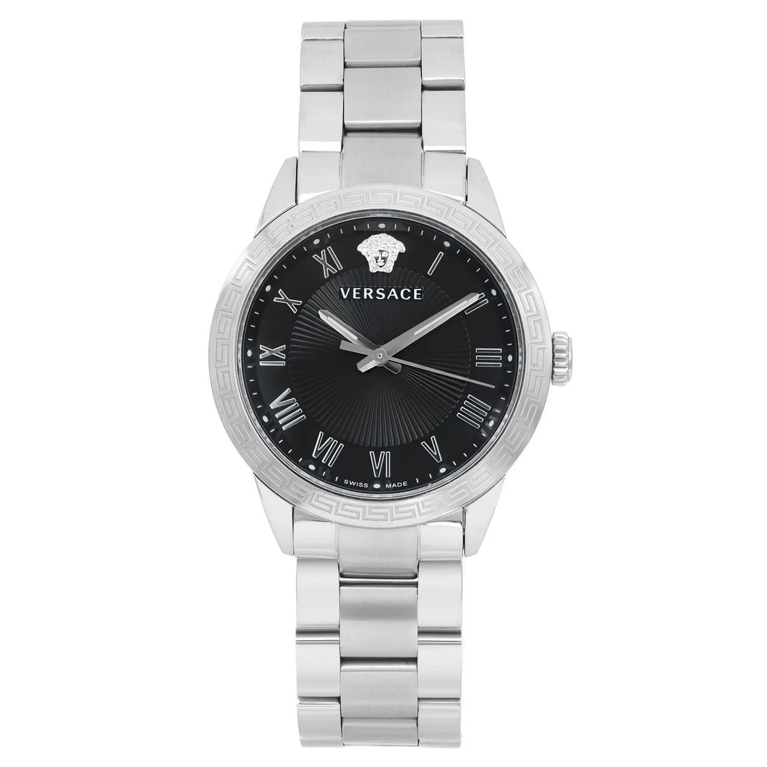 Versace V Sport 34MM Quartz Ladies Watch Black Dial Steel Bracelet: Versace V Sport 34MM Quartz Ladies Watch Black Dial Steel Bracelet Discover the elegance of the Versace V Sport Ladies Quartz Watch, featuring a sophisticated 34 mm round case crafted from stainless s