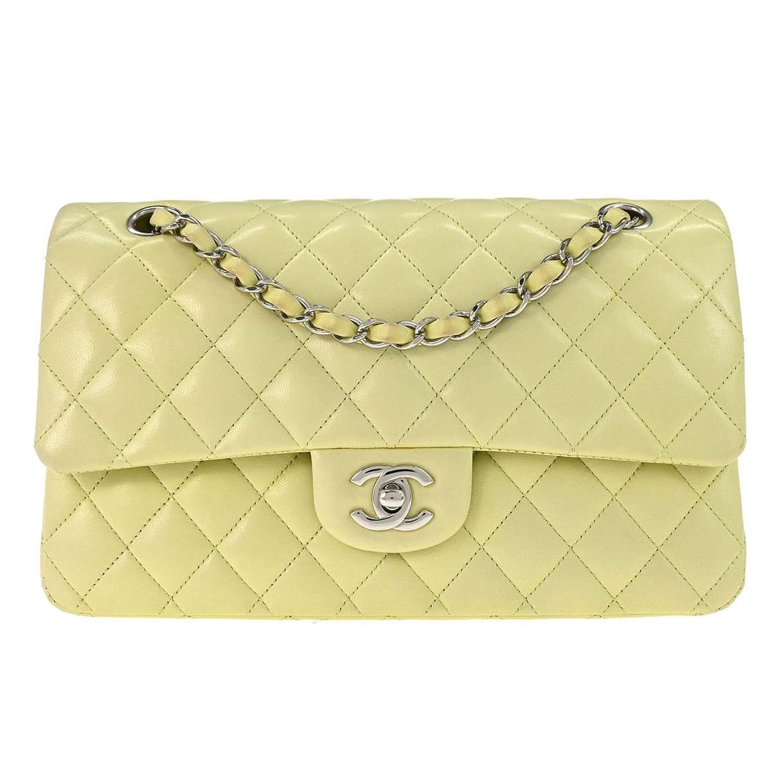 CHANEL Classic Double Flap Medium Lambskin Shoulder Bag Green: CHANEL Classic Double Flap Medium Lambskin Shoulder Bag Green Chanel Medium Classic Double Flap shoulder bag in light green lambskin leather with a turn-lock closure and shoulder strap. The exterior s