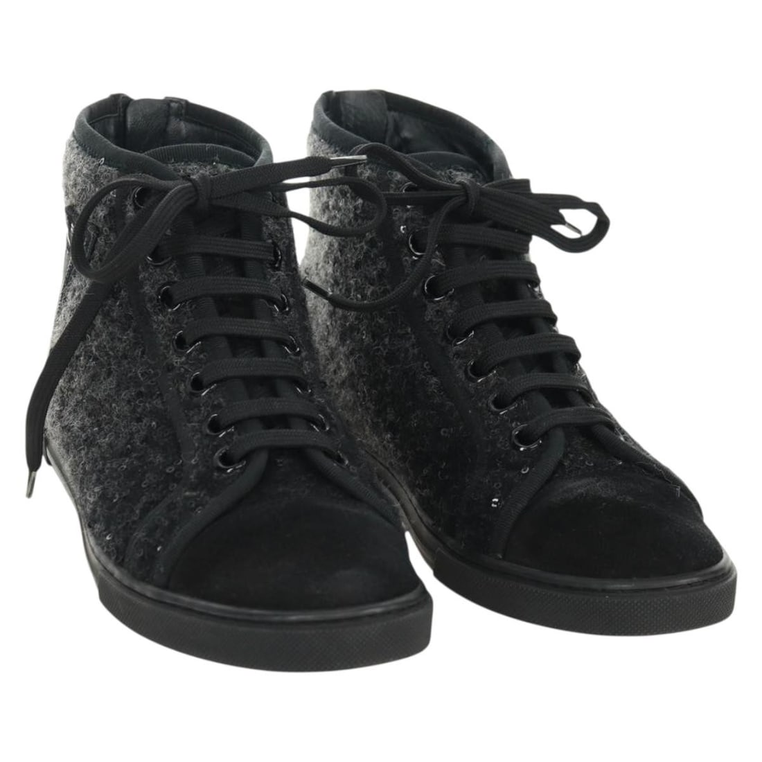 Louis Vuitton black wool high top sneakers with dust bag: Louis Vuitton black wool high top sneakers with dust bag Louis Vuitton high cut sneakers in black wool canvas with a women's design and included dust bag. Made in Italy, this pair is in B condition wi