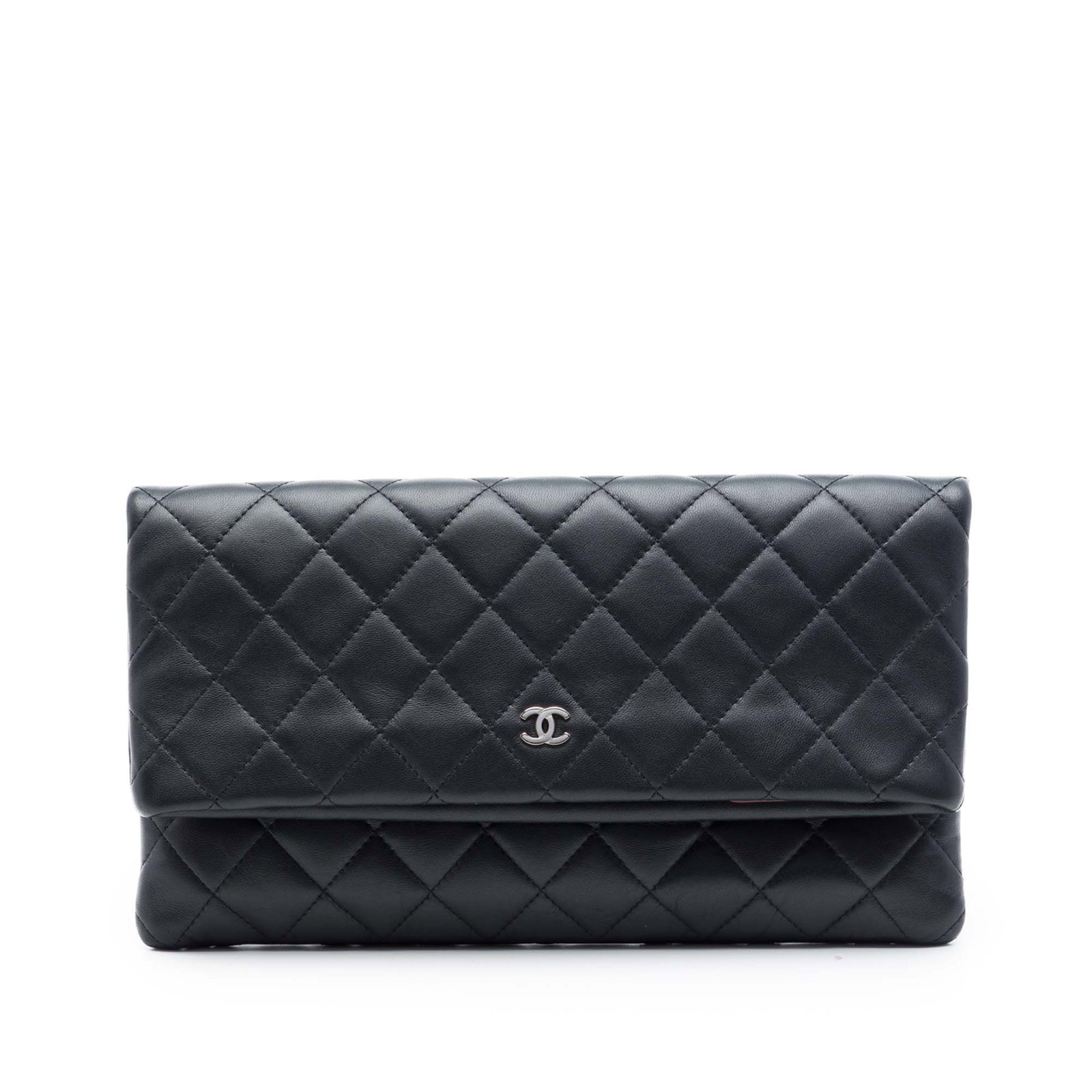 Chanel CC Beauty foldover clutch in black quilted lambskin: Chanel CC Beauty foldover clutch in black quilted lambskin Chanel foldover clutch crafted in quilted lambskin leather with the signature CC design. The bag features a fold-over flap with snap button c