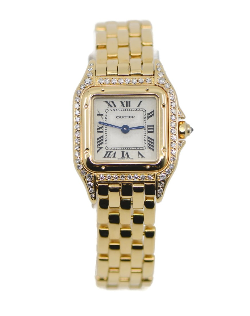 Cartier Panthere womens 18K yellow gold diamond bezel wristwatch 866911: Cartier Panthere womens 18K yellow gold diamond bezel wristwatch 866911 Pre-owned Cartier Panthere wristwatch with an analog display, diamond bezel, and white dial. This women's watch has an 18K yello