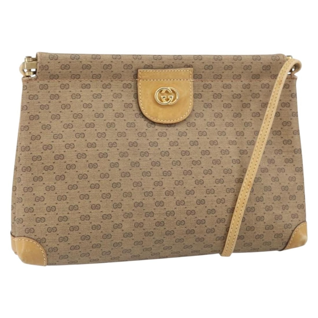 Beige Micro GG Supreme Shoulder Bag by Gucci PVC Leather 87 001 5553: Beige Micro GG Supreme Shoulder Bag by Gucci PVC Leather 87 001 5553 This GUCCI Micro GG Supreme shoulder bag features a beige and gold color scheme with a PVC leather and micro small GG canvas exteri