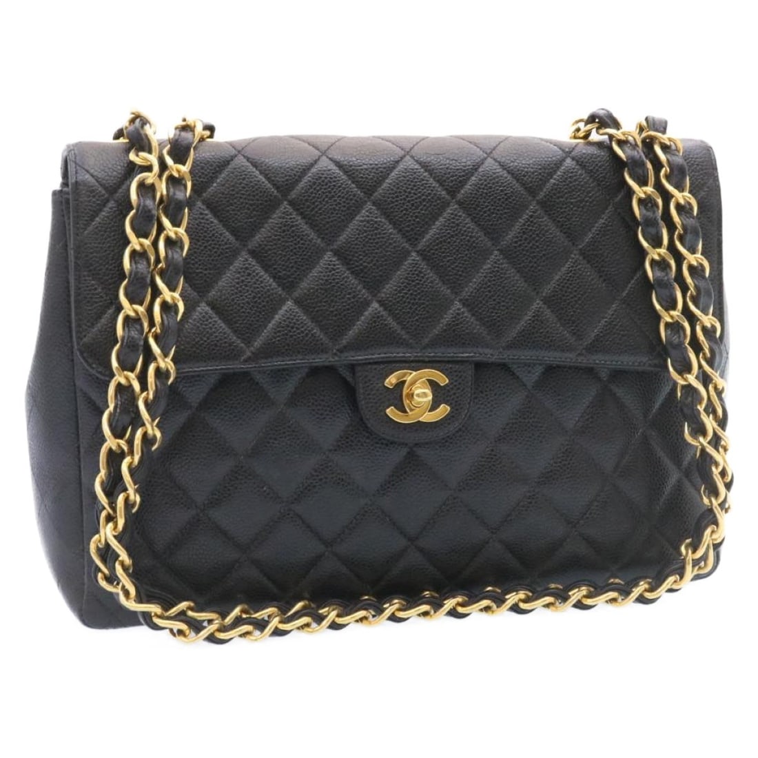 CHANEL Matelasse 34 Shoulder Bag Black Caviar Leather Gold CC: CHANEL Matelasse 34 Shoulder Bag Black Caviar Leather Gold CC CHANEL Big Matelasse 34 Flap Chain Bag in black and gold, made from grained calf skin / caviar skin leather. This shoulder bag is made in 
