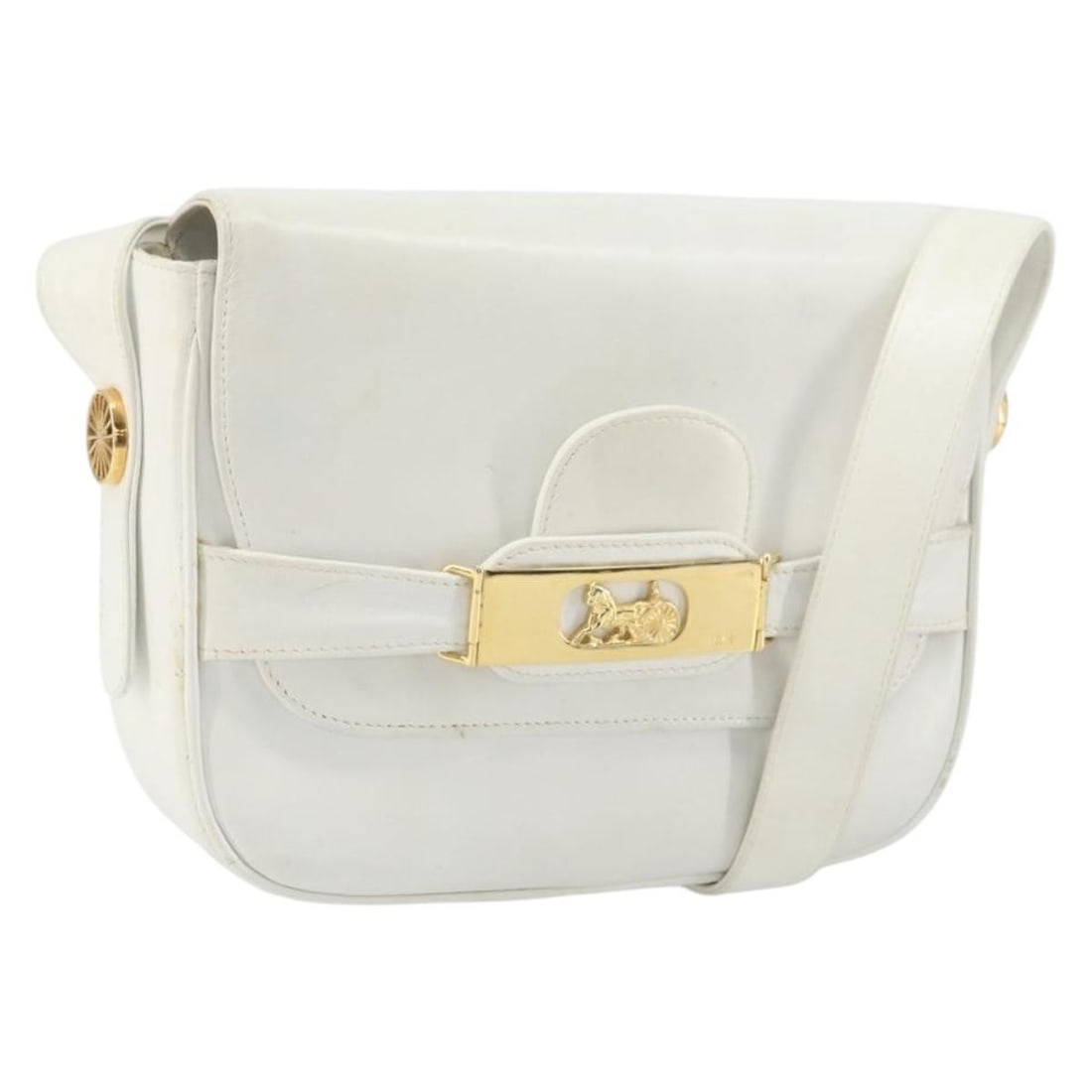 White Leather CELINE Horse Carriage Shoulder Purse Gold Accents Model 166400: White Leather CELINE Horse Carriage Shoulder Purse Gold Accents Model 166400 This CELINE Horse Carriage shoulder bag features a white and gold leather exterior with a structured silhouette. Made in It