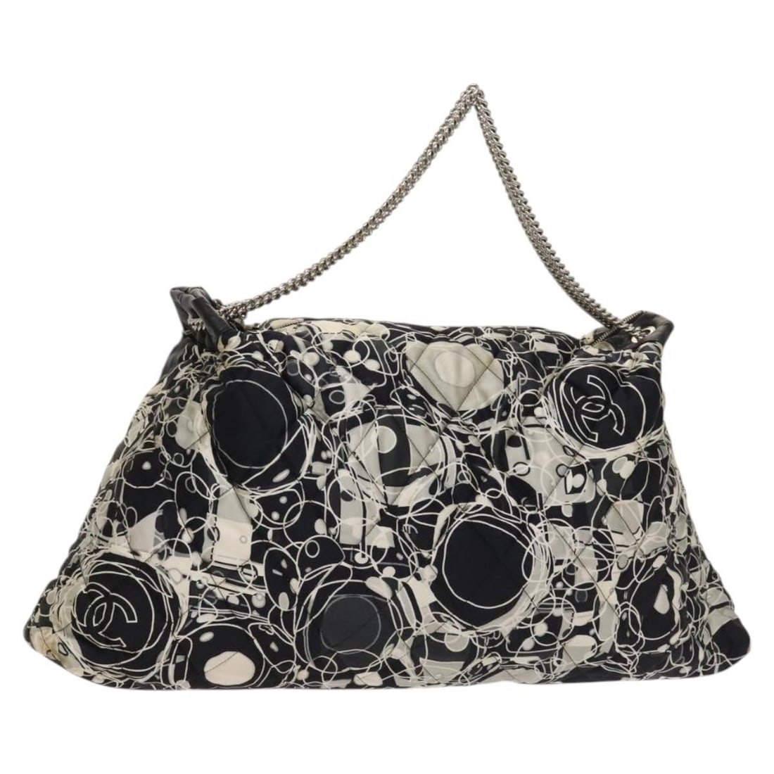 CHANEL black silk matelasse shoulder bag with chain strap: CHANEL black silk matelasse shoulder bag with chain strap This CHANEL Matelasse chain shoulder bag features a luxurious black silk exterior with silver accents and the iconic CC logo. Designed for wom
