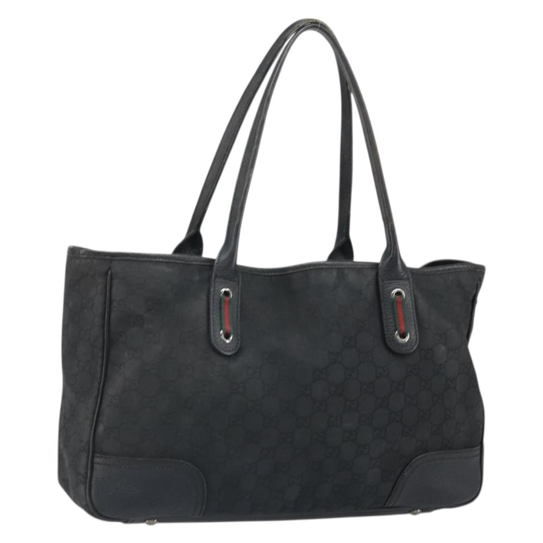 Black GG Canvas Sherry Line Tote by Gucci with Red and Silver Accents: Black GG Canvas Sherry Line Tote by Gucci with Red and Silver Accents This is a Gucci GG Canvas Web Sherry Line tote bag featuring a black, silver, and red color scheme. Crafted in Italy, the bag is m