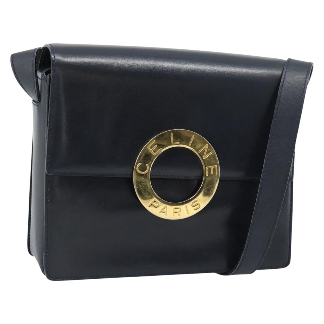 CELINE Circle Leather Shoulder Bag Black Gold Italy: CELINE Circle Leather Shoulder Bag Black Gold Italy Authentic CELINE circle shoulder bag in black leather with gold-tone accents. Made in Italy, this women's shoulder bag is offered without the origin