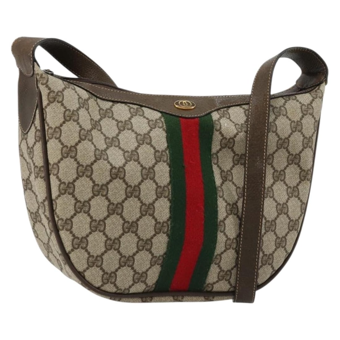 Gucci 10 01 3840 GG Supreme Sherry Web PVC Shoulder Bag Beige Gold: Gucci 10 01 3840 GG Supreme Sherry Web PVC Shoulder Bag Beige Gold This Gucci shoulder bag is crafted from PVC leather and GG canvas in a beige and gold colorway. It is made in Italy and features the 