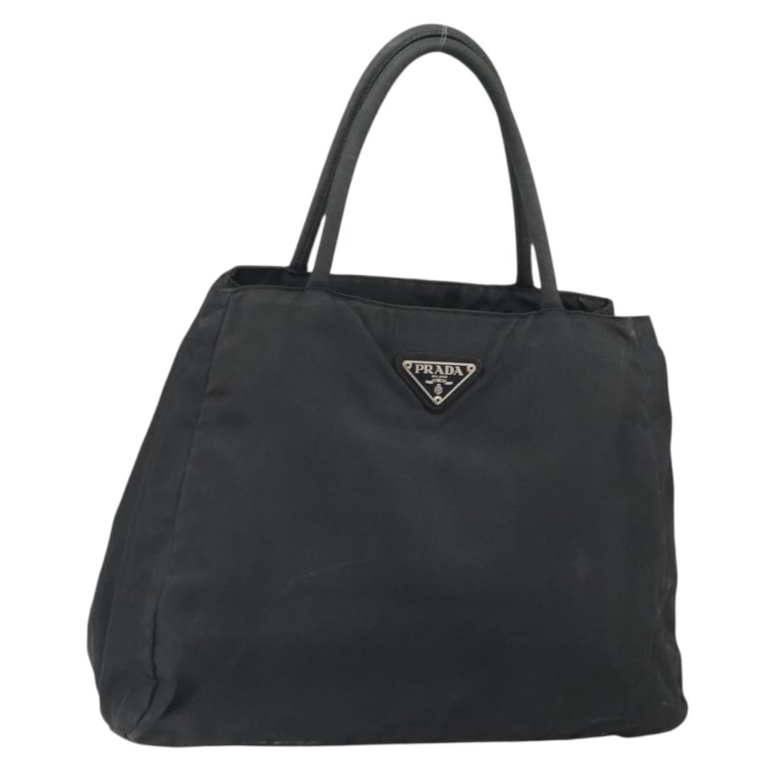 PRADA Black Nylon Hand Bag Silver Tone Italy: PRADA Black Nylon Hand Bag Silver Tone Italy Prada hand bag in black and silver nylon, made in Italy. This women's bag features a handle drop of 14 cm (5.5 in) and measures approximately 32 cm W x 25 
