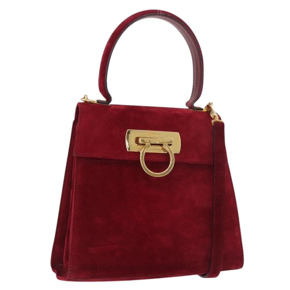 Salvatore Ferragamo Gancini Suede 2way Handbag Red with Shoulder Strap: Salvatore Ferragamo Gancini Suede 2way Handbag Red with Shoulder Strap Salvatore Ferragamo Gancini hand bag in suede, presented in red with gold-tone accents. This women's bag is made in Italy and com