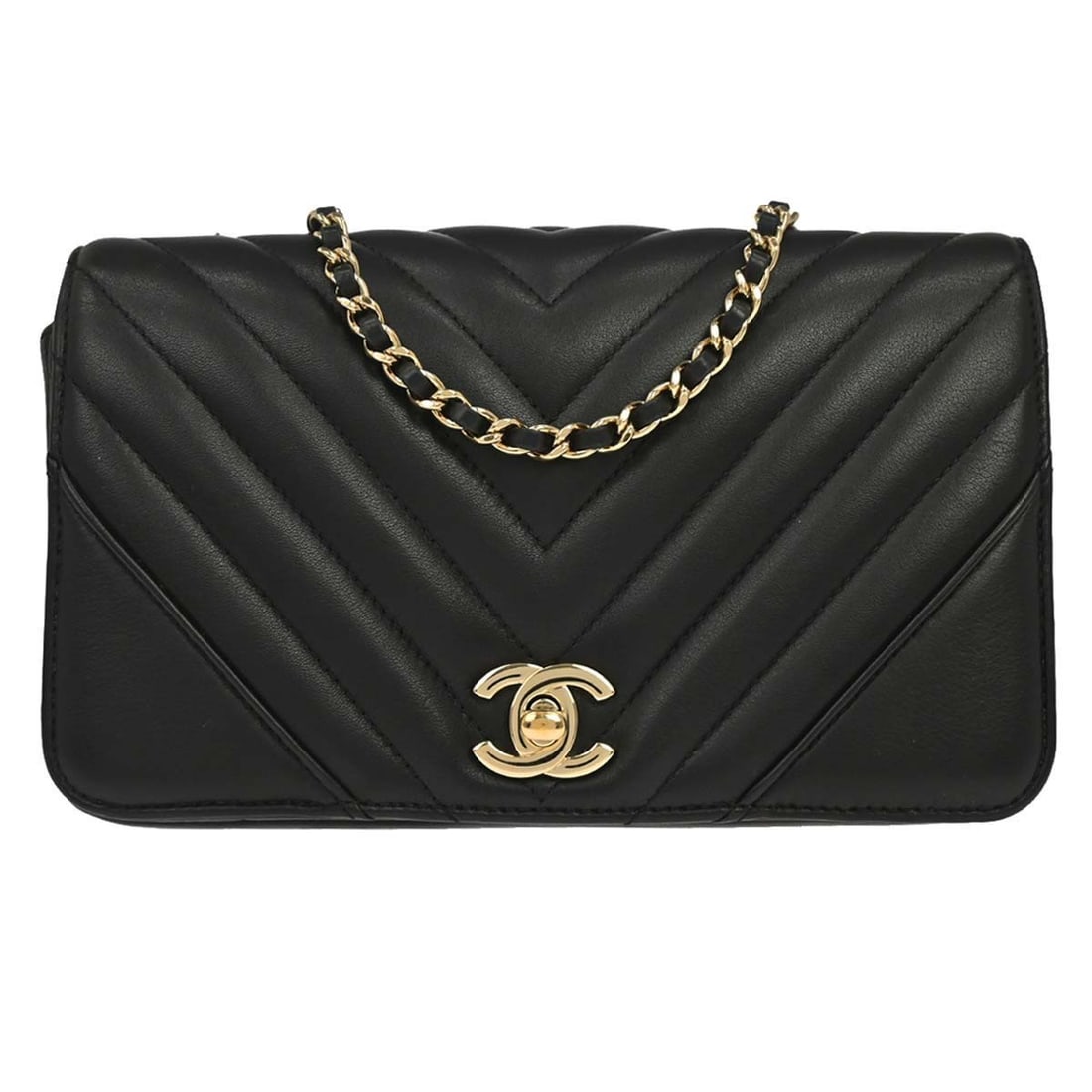 CHANEL Single Chain Full Flap Mini Shoulder Bag Black Lambskin: CHANEL Single Chain Full Flap Mini Shoulder Bag Black Lambskin This Chanel shoulder bag is crafted from black lambskin leather with a quilted matelasse finish and a turn lock flap closure. It features