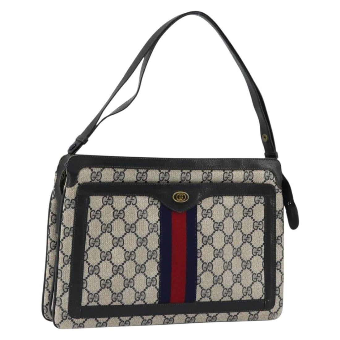 Gucci 41 02 013 GG Supreme Sherry PVC Leather Shoulder Bag Navy Gold: Gucci 41 02 013 GG Supreme Sherry PVC Leather Shoulder Bag Navy Gold Gucci GG Supreme Sherry Line shoulder bag in navy and gold, made in Italy from PVC leather and GG canvas. The bag has a shoulder st