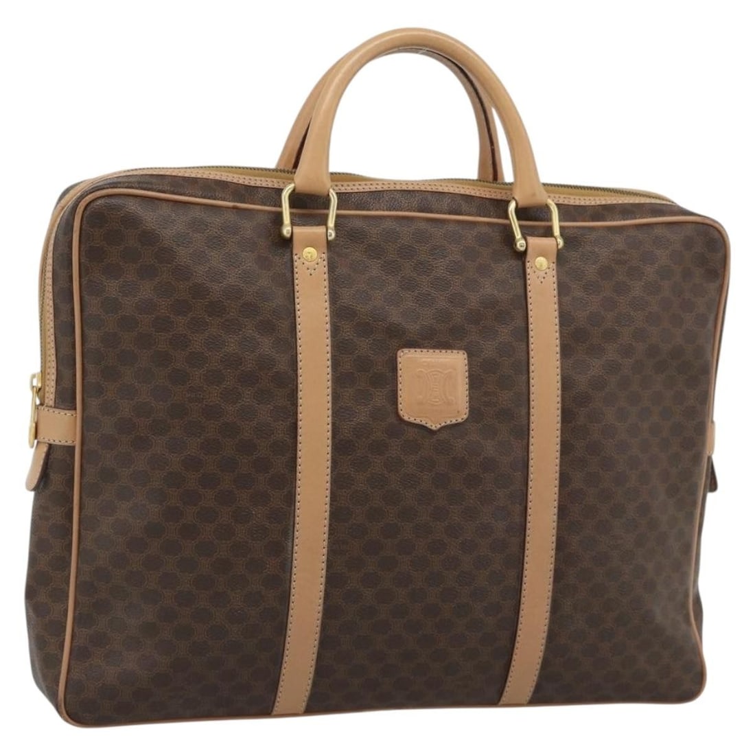 CELINE Macadam Canvas PVC Leather Briefcase Brown Gold Tone: CELINE Macadam Canvas PVC Leather Briefcase Brown Gold Tone Celine Macadam canvas business bag in brown with gold-tone accents, crafted from PVC leather and made in Italy. This women's bag includes on