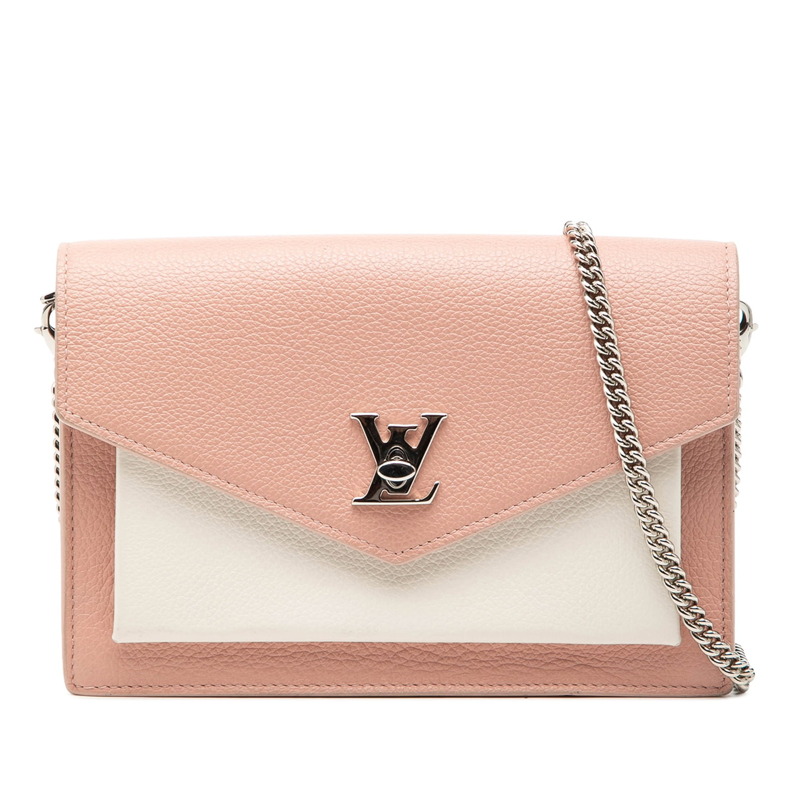 Louis Vuitton MyLockMe Pink Leather Chain Pochette: Louis Vuitton MyLockMe Pink Leather Chain Pochette This Louis Vuitton Bicolor Leather MyLockMe Chain Pochette features a pink leather body with both front and back exterior slip pockets, a front flap 