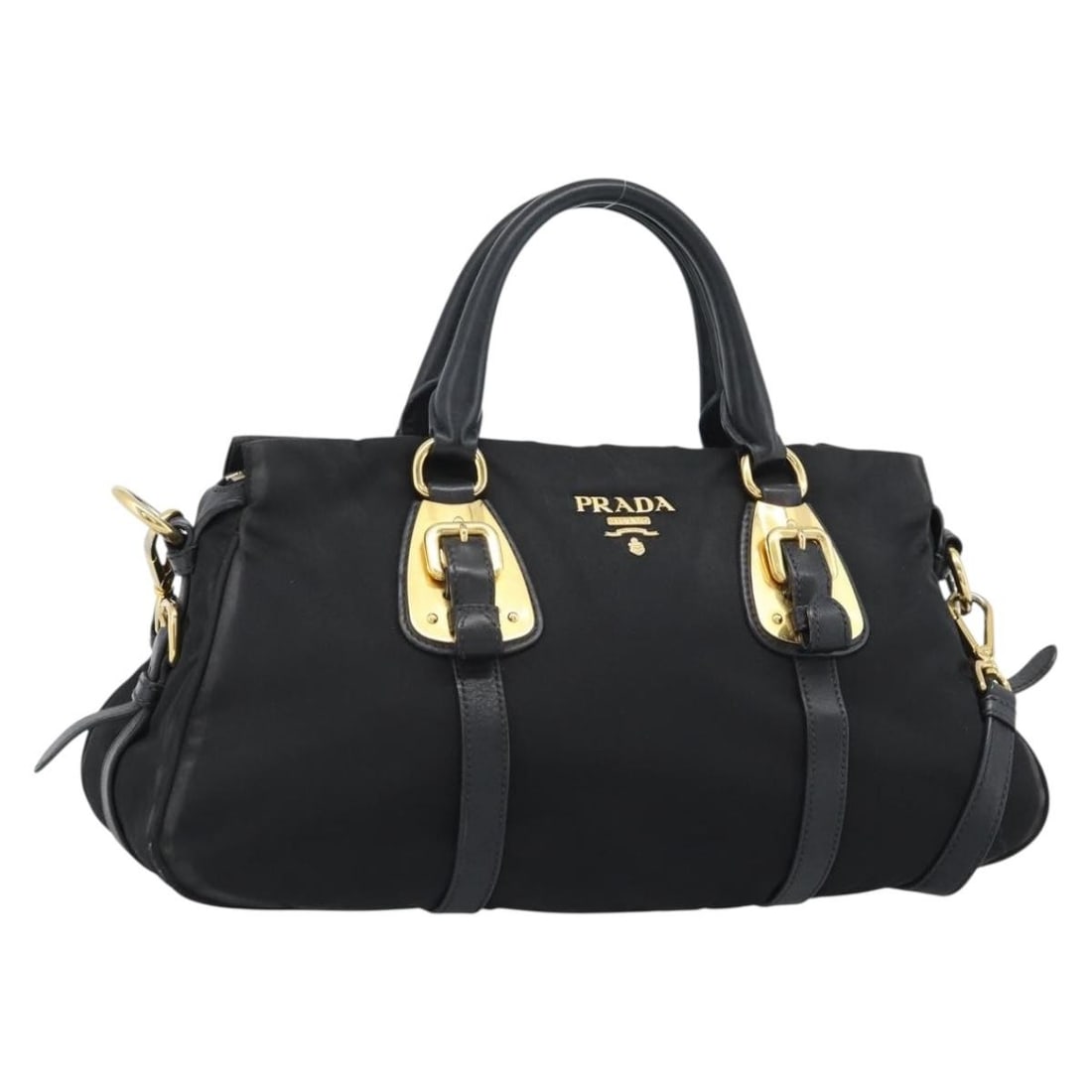 PRADA Black Nylon 2 Way Handbag with Strap and Dust Bag: PRADA Black Nylon 2 Way Handbag with Strap and Dust Bag PRADA 2-way hand bag in black and gold nylon, made in Italy. Designed for women, it comes with a shoulder strap and dust bag, and includes the o
