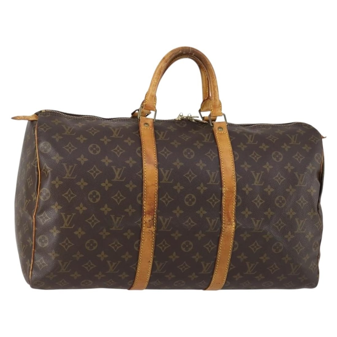 Louis Vuitton M41426 Keepall 50 Monogram Canvas Boston Bag: Louis Vuitton M41426 Keepall 50 Monogram Canvas Boston Bag Louis Vuitton Keepall 50 Boston bag in Monogram canvas, made in France. This bag shows heavy use with visible wear throughout, including loss