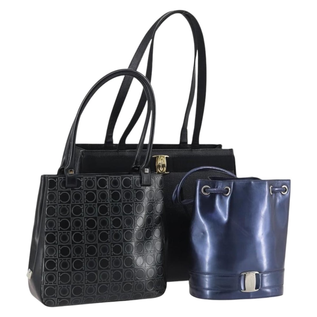 3 Piece Shoulder Bag Set Salvatore Ferragamo Gancini Vinyl Black Navy: 3 Piece Shoulder Bag Set Salvatore Ferragamo Gancini Vinyl Black Navy Three-piece Salvatore Ferragamo Gancini shoulder bag set in black and navy vinyl. Made in Italy, this women's bag set is offered w