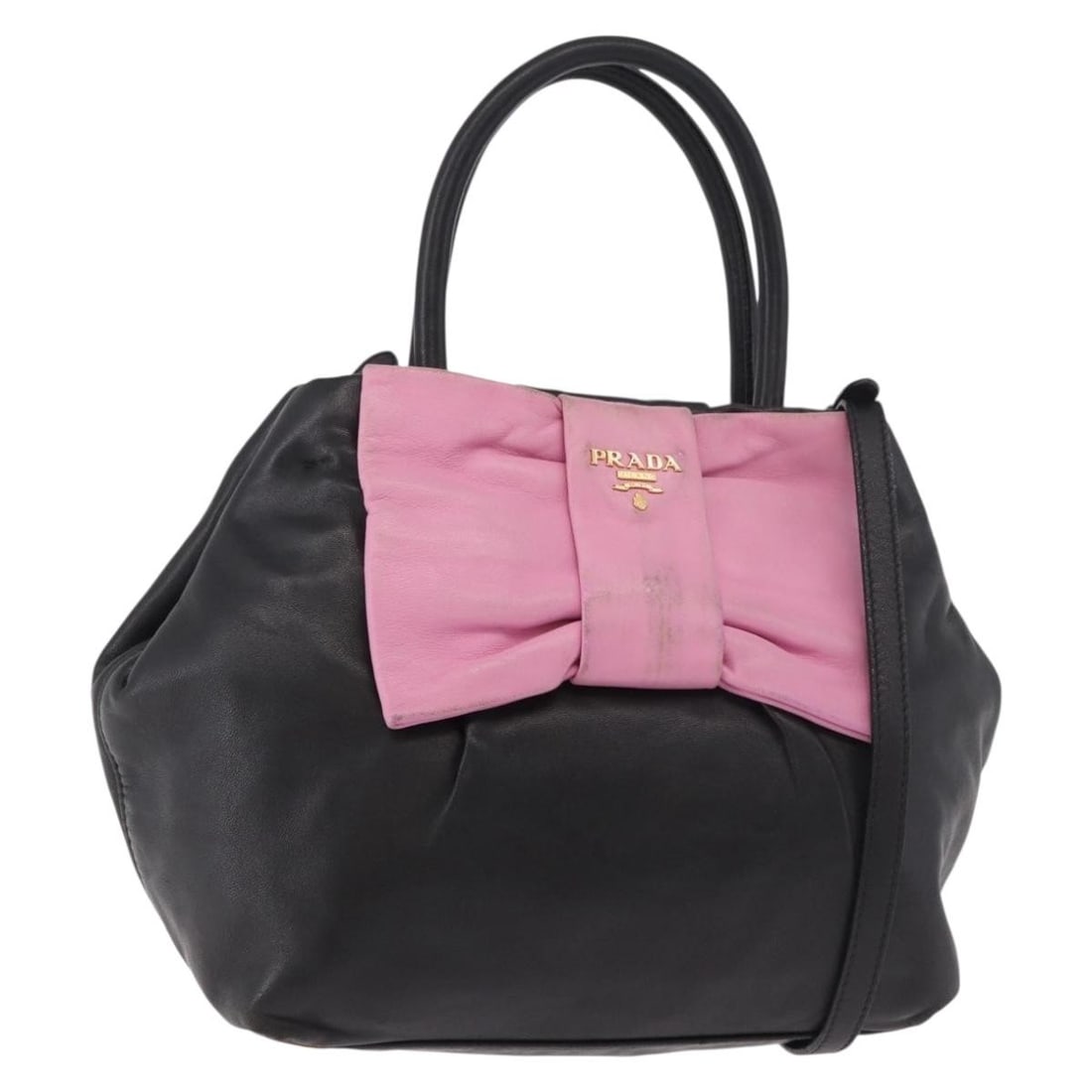 Prada black leather 2way handbag with shoulder strap: Prada black leather 2way handbag with shoulder strap Authentic Prada 2-way handbag in black leather with gold-tone accents. Made in Italy, this women's bag includes a shoulder strap for hand or should