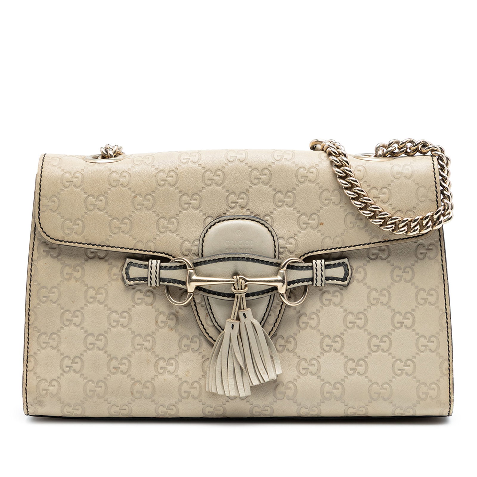 Gucci Emily White Embossed Leather Shoulder Bag: Gucci Emily White Embossed Leather Shoulder Bag This Medium Guccissima Emily Shoulder Bag features embossed leather, a distinctive curb chain strap, a front flap with a slip-through closure, and a tas