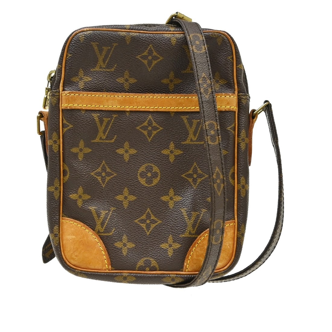 Louis Vuitton Danube Monogram Crossbody Bag M45266 Brown: Louis Vuitton Danube Monogram Crossbody Bag M45266 Brown Vintage Louis Vuitton Danube shoulder bag in brown Monogram canvas with leather trim and an adjustable crossbody strap. This zip-closure bag fe