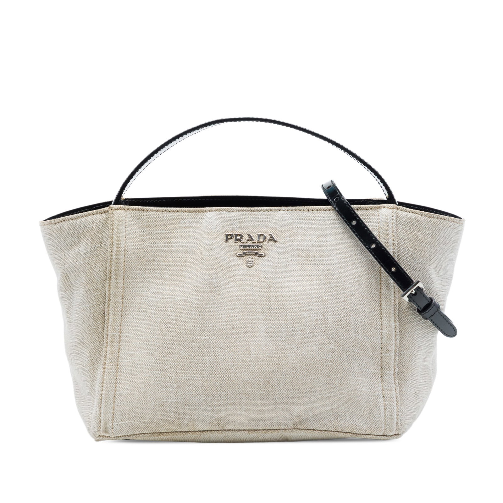 Prada Linen Blend Brown Fabric Satchel with Leather Strap: Prada Linen Blend Brown Fabric Satchel with Leather Strap Prada linen blend satchel with a canvas body, flat handle, detachable and adjustable flat leather strap, top zip closure, and an interior slip