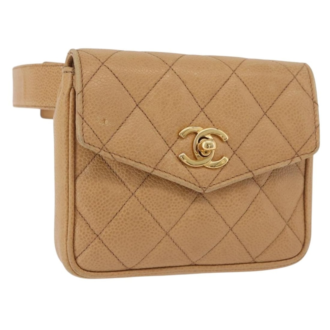 CHANEL Matelasse Beige Caviar Skin Waist Bag with Gold CC: CHANEL Matelasse Beige Caviar Skin Waist Bag with Gold CC CHANEL waist bag in beige and gold Caviar Skin, made in Italy. The bag measures approximately 15 cm W x 12 cm H x 3 cm D, with a shoulder drop