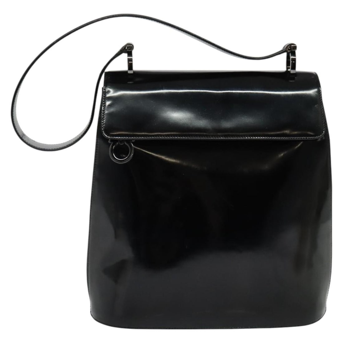 Black Patent Leather Shoulder Bag Salvatore Ferragamo Gancini: Black Patent Leather Shoulder Bag Salvatore Ferragamo Gancini This Salvatore Ferragamo Gancini shoulder bag is crafted from black patent leather and designed for women. Made in Italy, it features a st