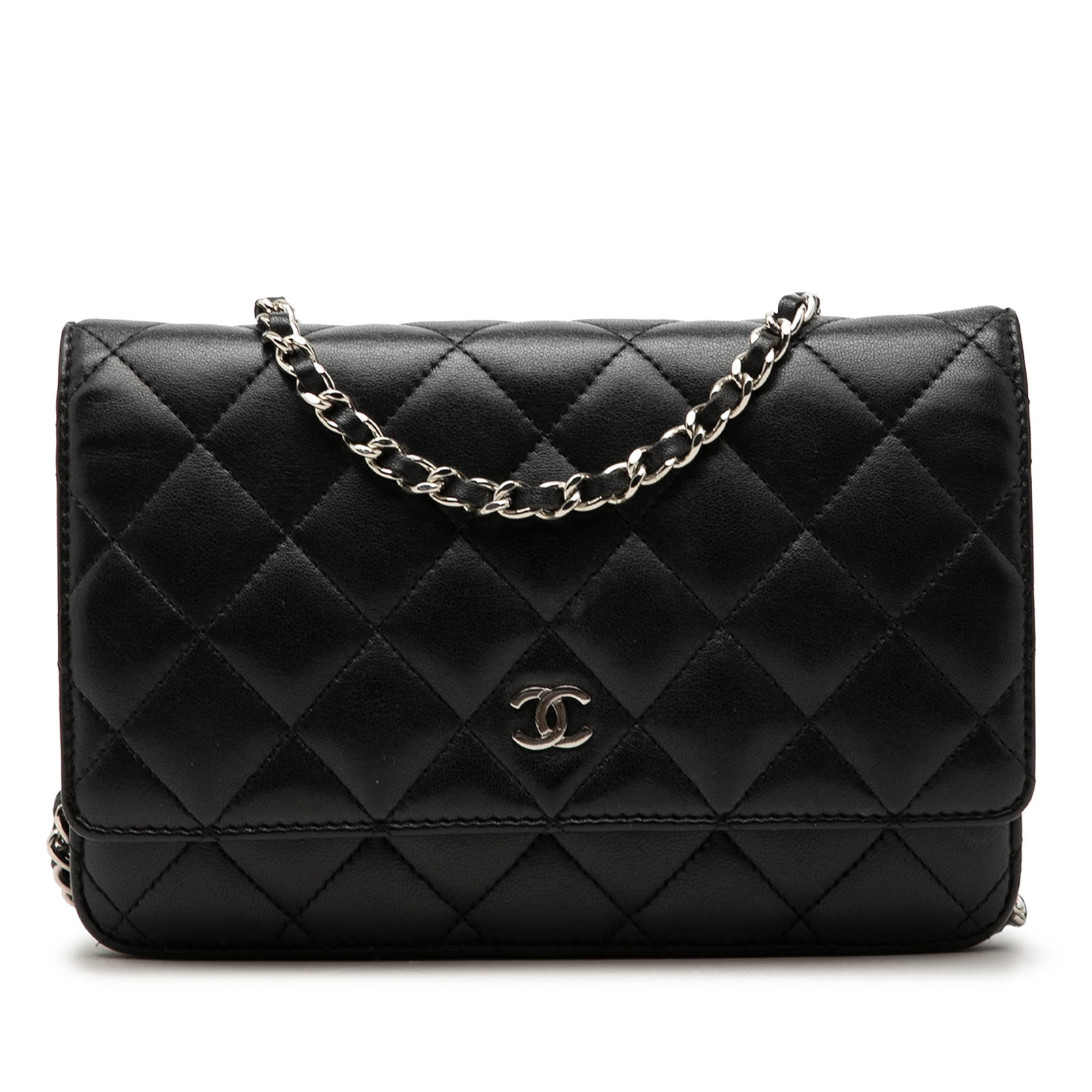 Chanel CC Wallet on Chain Black Quilted Lambskin Leather Bag: Chanel CC Wallet on Chain Black Quilted Lambskin Leather Bag A Chanel CC Quilted Lambskin Wallet On Chain in black, crafted in quilted lambskin leather with a leather-woven chain shoulder strap. It fe