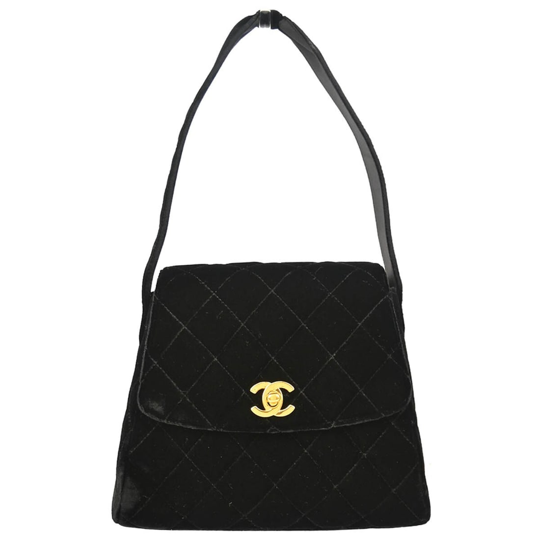 CHANEL Classic Flap top handle bag in black velvet: CHANEL Classic Flap top handle bag in black velvet Small Chanel Classic Flap top handle handbag in black velvet with logo accents and a turn-lock closure. The bag features one exterior pocket, one int