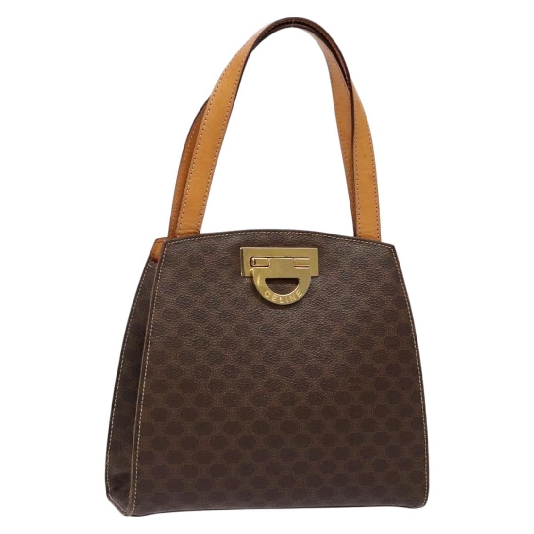 Celine Macadam Brown PVC Leather Canvas Handbag Made in Italy: Celine Macadam Brown PVC Leather Canvas Handbag Made in Italy Celine Macadam canvas hand bag in brown with gold-tone accents, made in Italy. This women's bag features PVC leather trim and shows heavy 