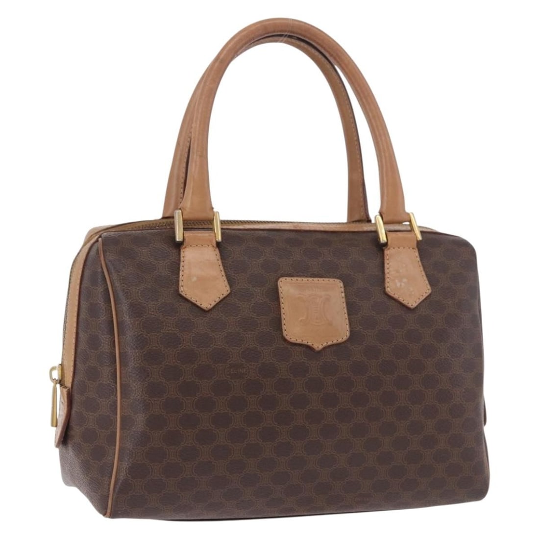 CELINE Macadam Canvas PVC Leather Hand Bag Brown Gold Italy: CELINE Macadam Canvas PVC Leather Hand Bag Brown Gold Italy Celine Macadam canvas hand bag in brown and gold with PVC leather trim. Made in Italy. This pre-owned bag includes only the item shown; the 