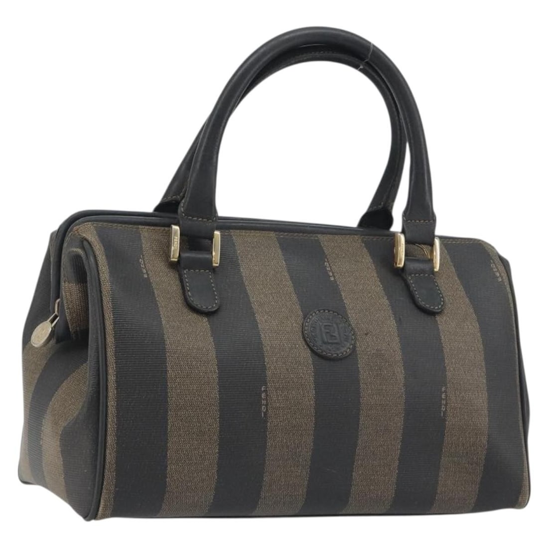 Fendi Pequin Canvas Boston Bag Black Brown PVC Leather: Fendi Pequin Canvas Boston Bag Black Brown PVC Leather Authentic Fendi Boston bag in black and brown Pequin canvas with PVC leather trim. This women's handbag is made in Italy and features a classic B