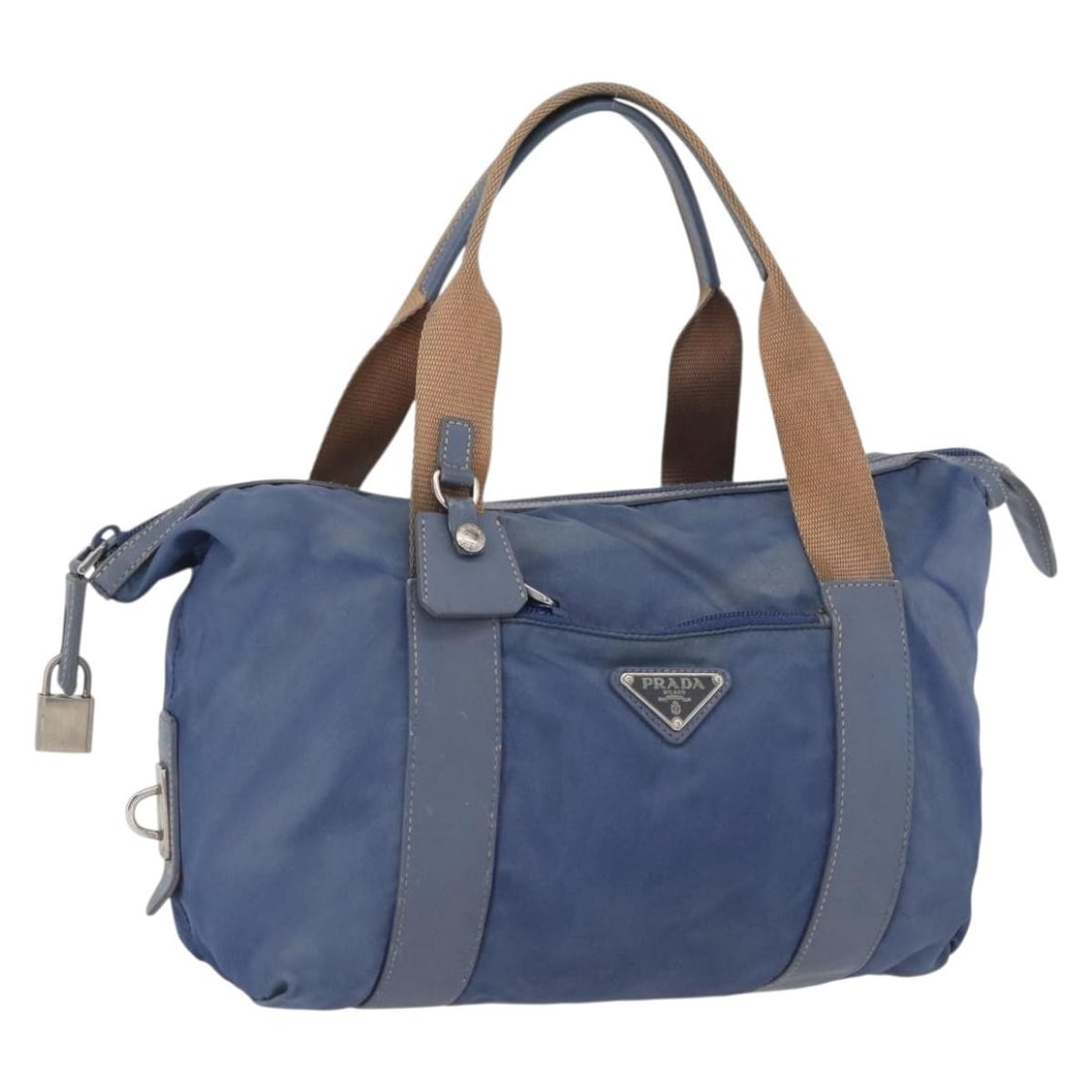 PRADA Blue Nylon Hand Bag with Padlock Silver Tone: PRADA Blue Nylon Hand Bag with Padlock Silver Tone Prada hand bag in blue and silver nylon, made in Italy. This women's bag measures approximately 27 cm wide, 20 cm high, and 7 cm deep, with a handle 
