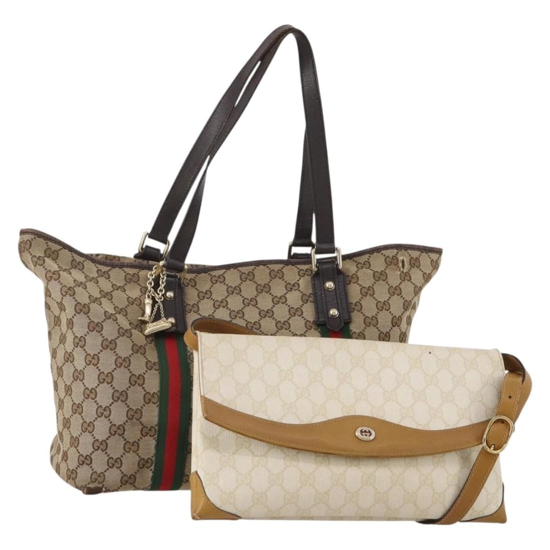 Set of 2 Gucci Sherry Line GG Supreme Tote Bags Beige White PVC: Set of 2 Gucci Sherry Line GG Supreme Tote Bags Beige White PVC Authentic Gucci GG Supreme Web Sherry Line tote bag set in beige and white PVC leather and GG canvas. Made in Italy for women, this heav