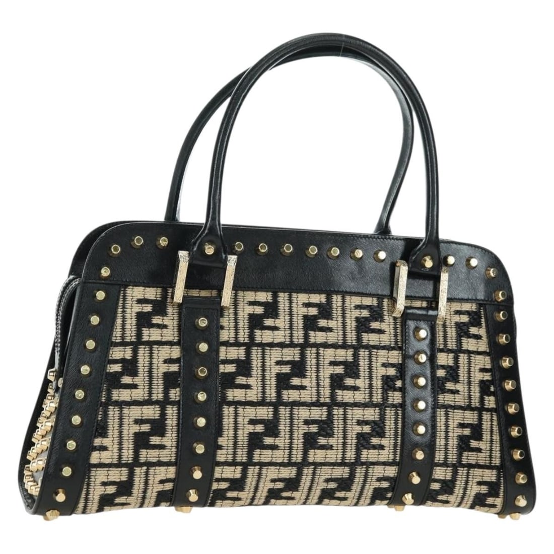 FENDI Zucca Canvas Hand Bag Black Gold Dust Bag Italy: FENDI Zucca Canvas Hand Bag Black Gold Dust Bag Italy Fendi hand bag in Zucca Canvas with a black and gold colorway, made in Italy. It comes with a dust bag and features a handle drop of approximately