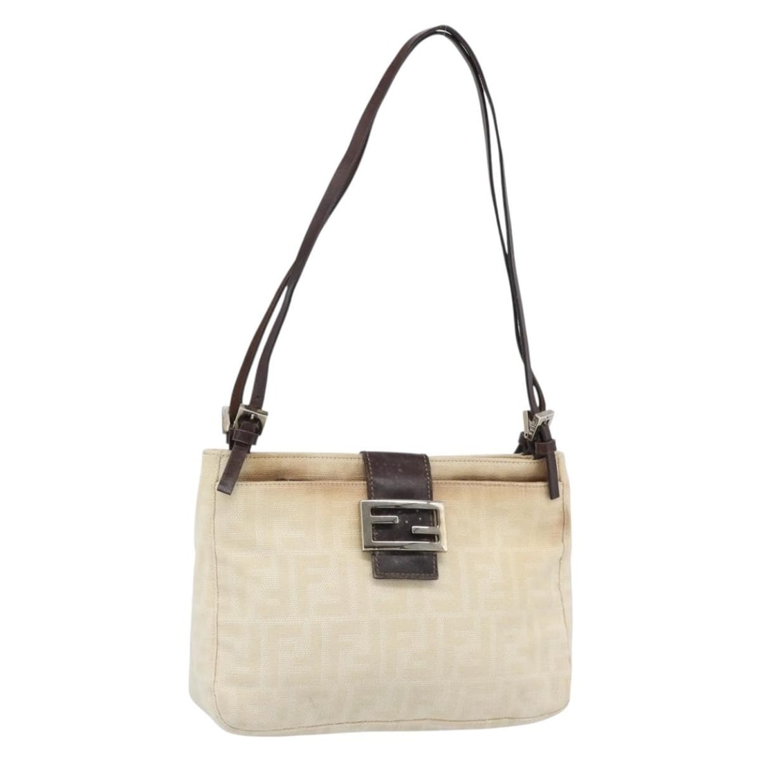 FENDI Mamma Baguette Shoulder Bag in Beige Silver Zucca Canvas: FENDI Mamma Baguette Shoulder Bag in Beige Silver Zucca Canvas Fendi Mamma Baguette shoulder bag in Zucca canvas with a beige and silver colorway, made in Italy. The bag features a shoulder strap with