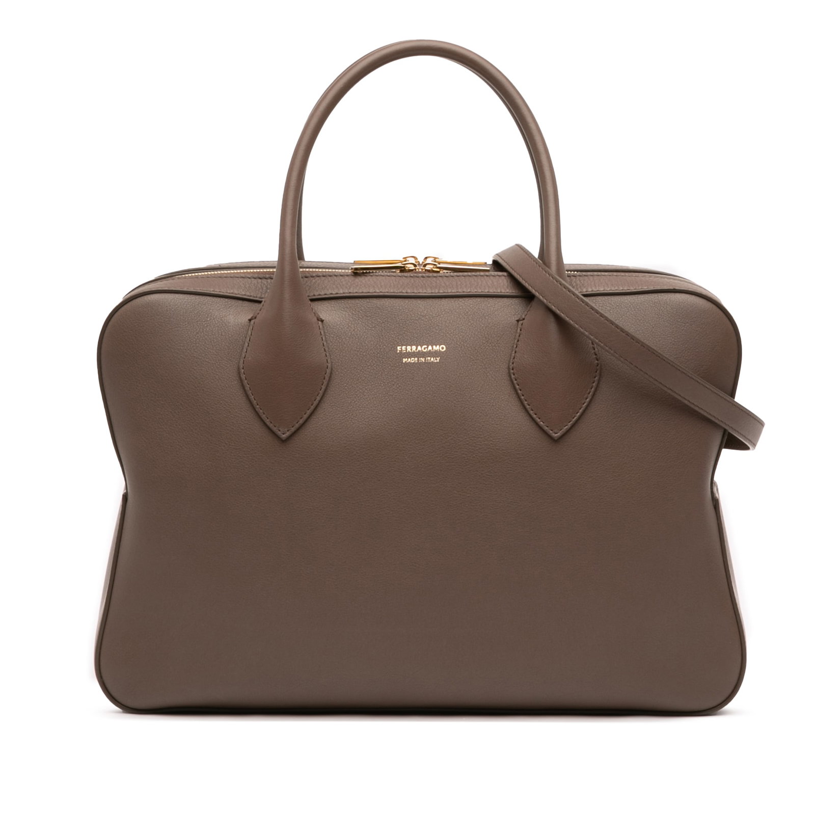 Ferragamo Stella leather satchel with triple zip compartments: Ferragamo Stella leather satchel with triple zip compartments The Ferragamo Leather Stella Triple Zip Satchel is crafted from brown leather and features rolled leather handles and a detachable flat le