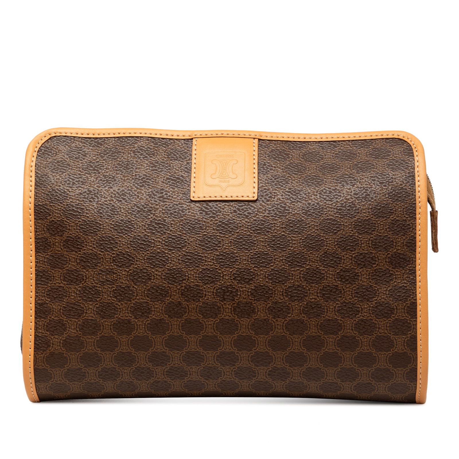 Celine Macadam zip clutch bag coated canvas and leather trim: Celine Macadam zip clutch bag coated canvas and leather trim Celine Macadam clutch bag crafted with a coated canvas body and leather trim. It features a top zip closure and is made in Italy. Condition