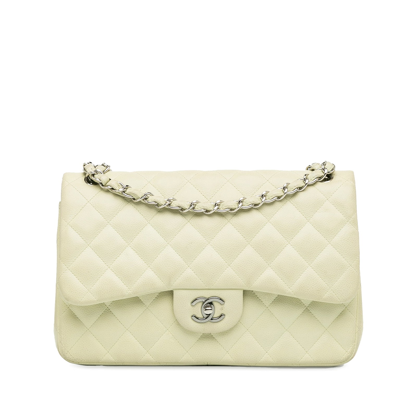 Chanel Jumbo Classic Caviar Double Flap Shoulder Bag White Leather: Chanel Jumbo Classic Caviar Double Flap Shoulder Bag White Leather Elevate your accessory collection with the Chanel Jumbo Classic Caviar Double Flap shoulder bag. Crafted from luxurious quilted cavia