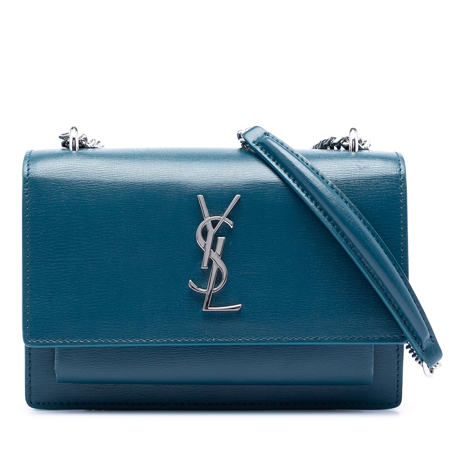 Saint Laurent Sunset Wallet on Chain Mini Blue Calfskin Leather: Saint Laurent Sunset Wallet on Chain Mini Blue Calfskin Leather Saint Laurent Mini Calfskin Monogram Sunset Wallet on Chain in blue leather, made in Italy. It features a chain link strap with a leathe