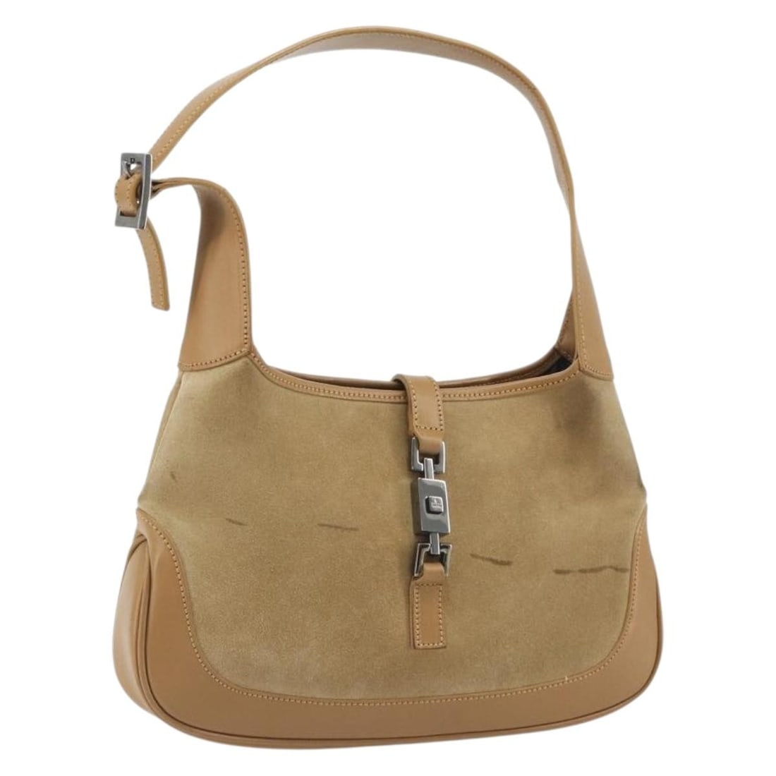 Gucci Jackie Beige Suede Shoulder Bag Silver Tone 001 3735: Gucci Jackie Beige Suede Shoulder Bag Silver Tone 001 3735 Gucci Jackie shoulder bag in beige suede with silver-tone hardware. This pre-owned shoulder bag was made in Italy and measures approximately 