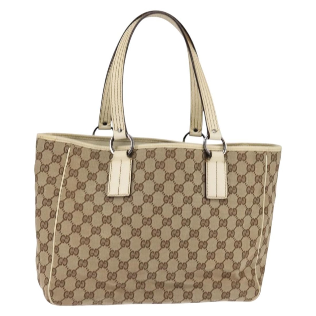 Gucci 113017 GG Canvas Tote Handbag Beige Silver: Gucci 113017 GG Canvas Tote Handbag Beige Silver A Gucci GG Canvas Tote Bag in beige and silver, made in Italy. This women's tote features GG canvas exterior material and a tote bag style with a struc