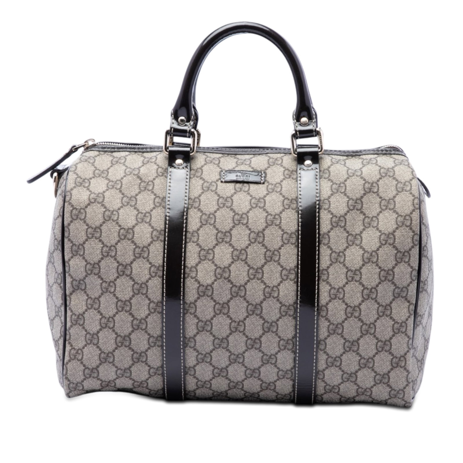 Gucci Joy Boston Bag Medium GG Supreme Coated Canvas: Gucci Joy Boston Bag Medium GG Supreme Coated Canvas Gucci Medium GG Supreme Joy Boston Bag with a coated canvas body, leather trim, rolled leather handles, top zip closure, and an interior slip pocke