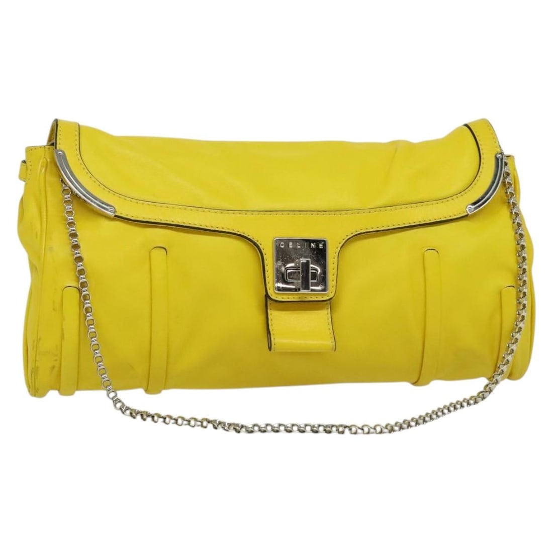 CELINE Yellow Silver Leather Chain Shoulder Bag Italy: CELINE Yellow Silver Leather Chain Shoulder Bag Italy This CELINE chain shoulder bag features a stylish yellow and silver leather exterior and silver-tone hardware. Designed for women, it offers a spa