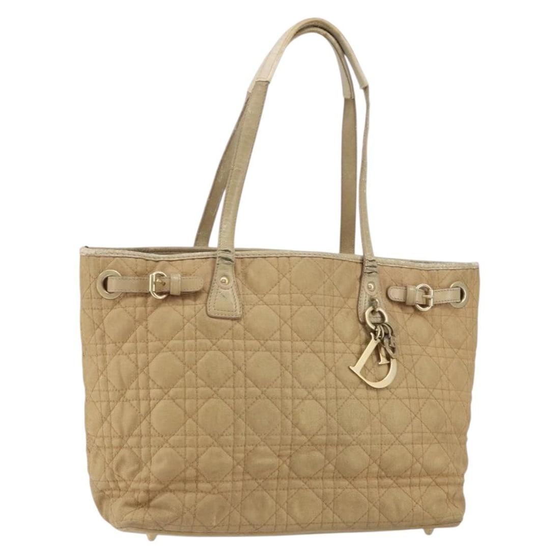 Christian Dior Cannage Coated Canvas Tote with Charm Beige Gold: Christian Dior Cannage Coated Canvas Tote with Charm Beige Gold Christian Dior Cannage tote bag in beige and gold coated canvas with charm accessory. Made in Italy, this women's tote shows heavy use w